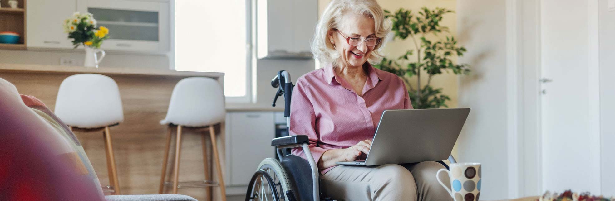 Senior woman in a wheelchair viewing a laptop