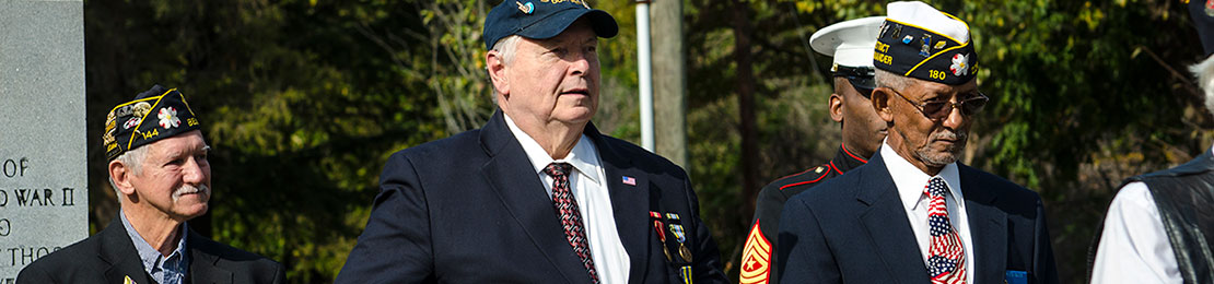 Group of veterans standing outdoors listening to speaker.