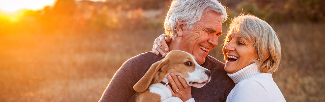 Smiling senior couple snuggling with cute dog in sunset.
